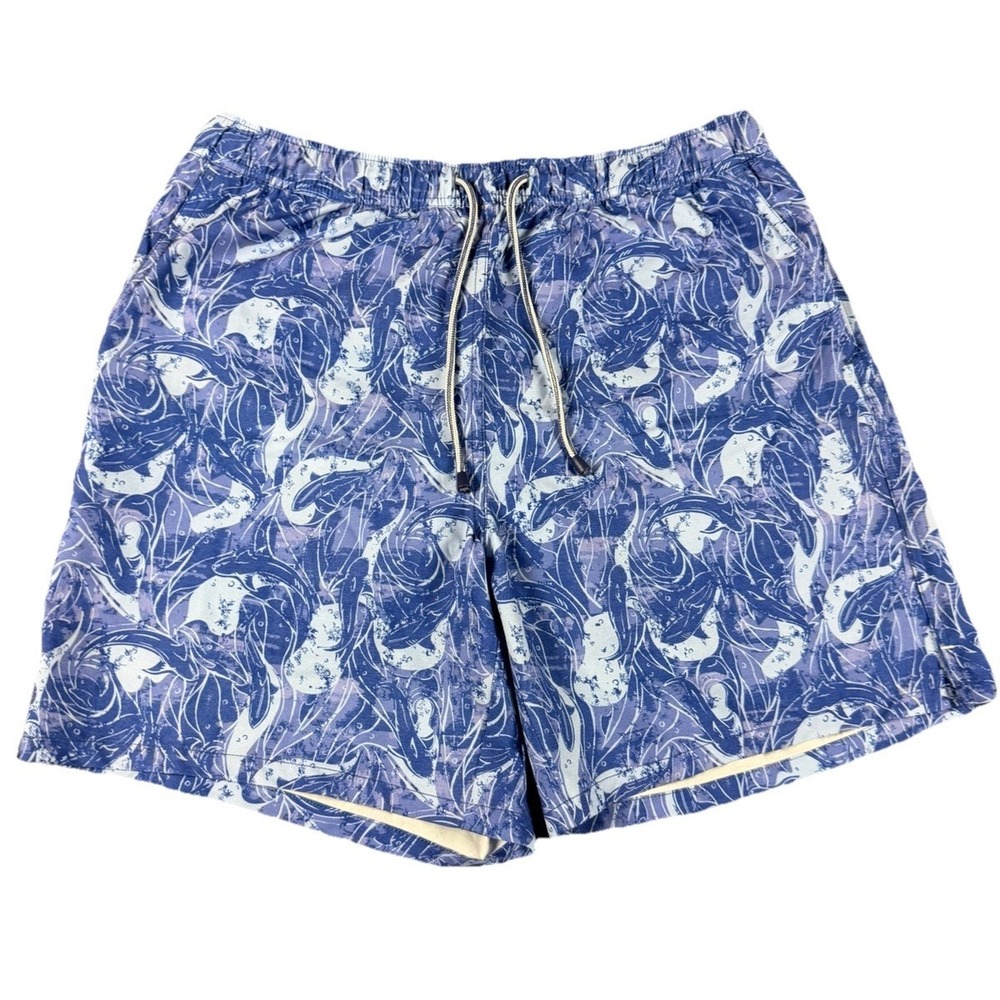 Peter Millar Seaside AOP Shark Swim Trunks L Bathing Suit Nautical Blue Pockets